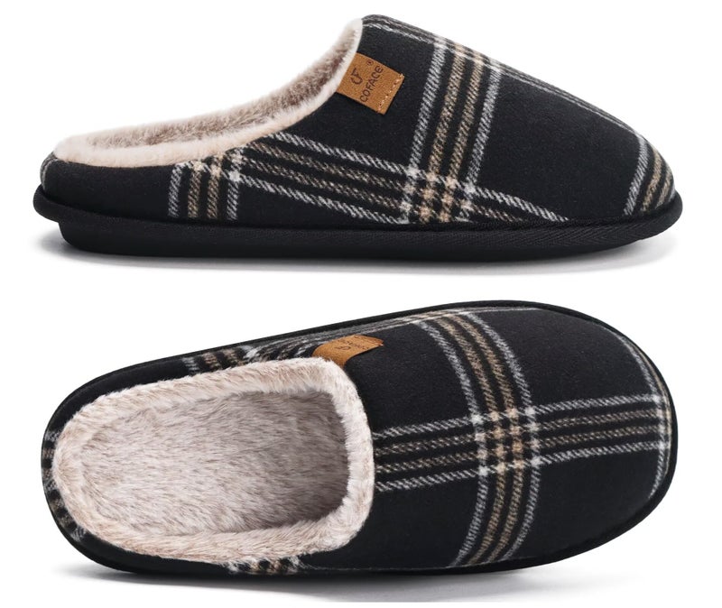 COFACE Mens Black Flano Plaid Cozy Memory Foam scuff Slippers Slip On Warm House Shoes Indoor/Outdoor With Best Arch Support Size 9 - Image 1